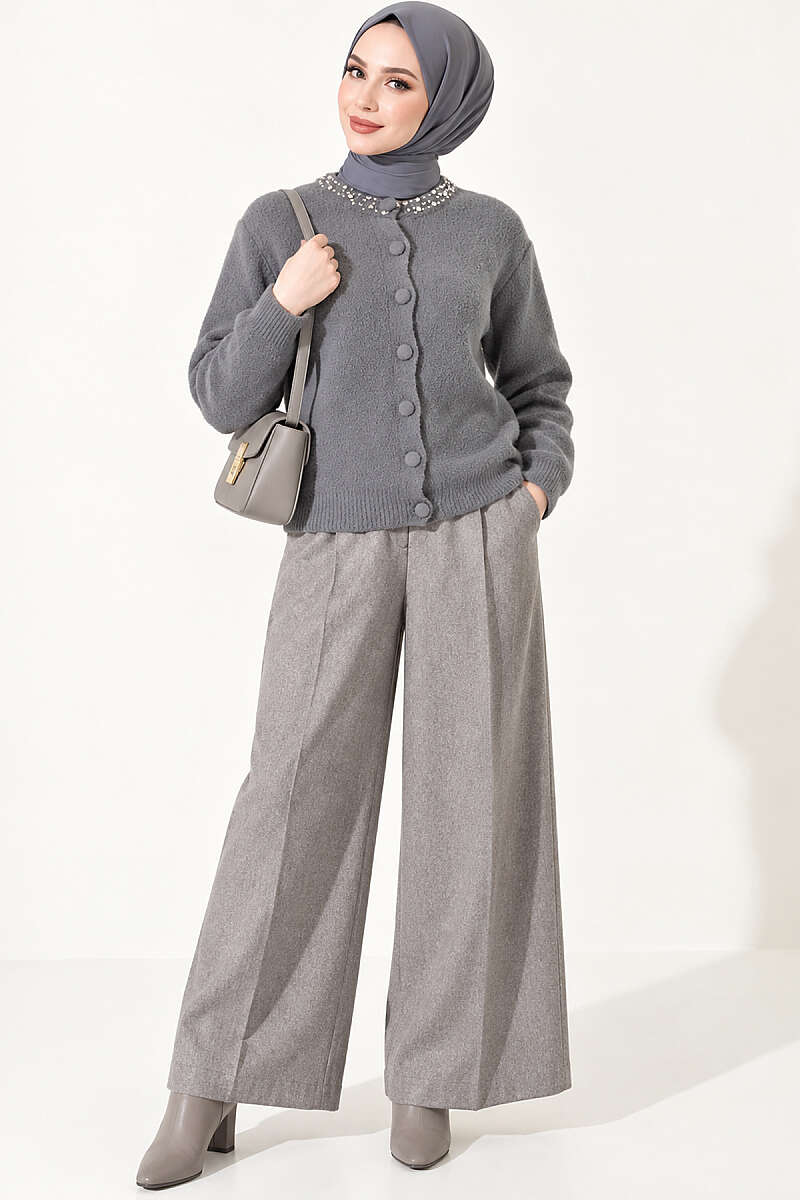 Brushed Cardigan with Jewelled Collar - Smoke Grey