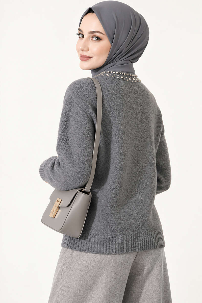 Brushed Cardigan with Jewelled Collar - Smoke Grey