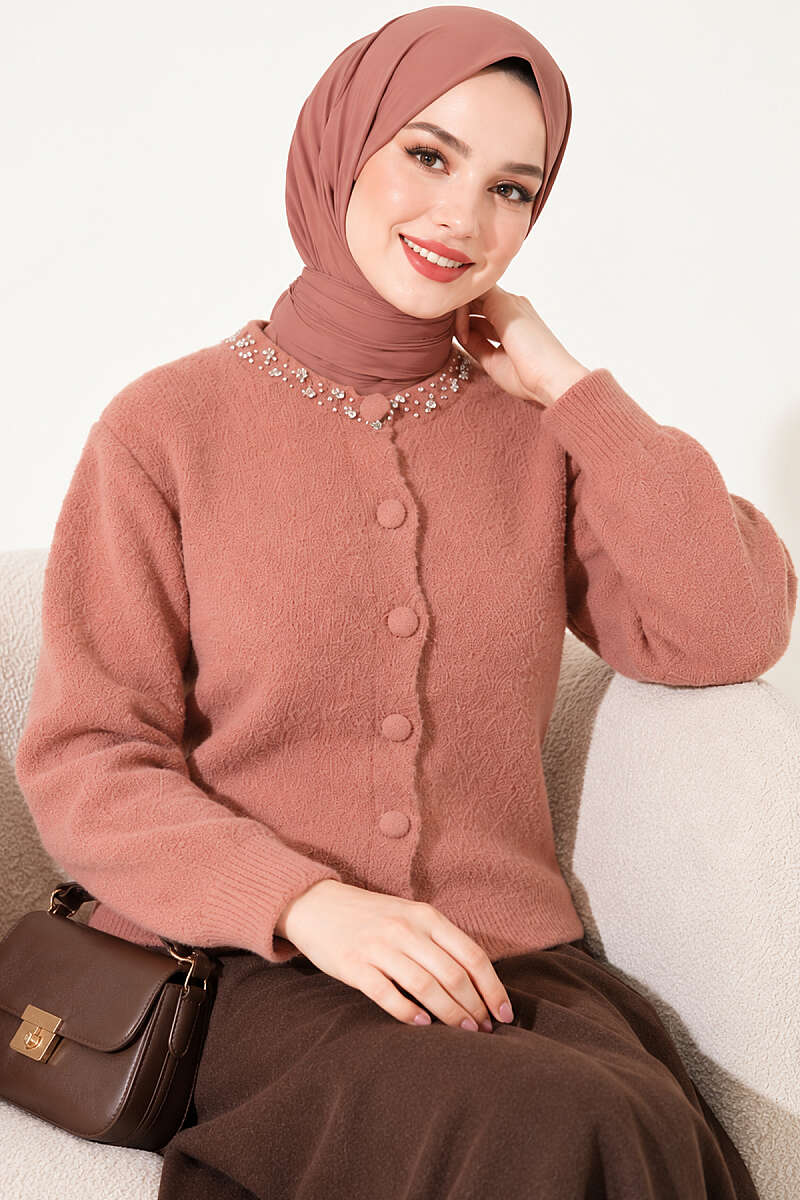 Brushed Cardigan with Jewelled Collar - Dusty Rose