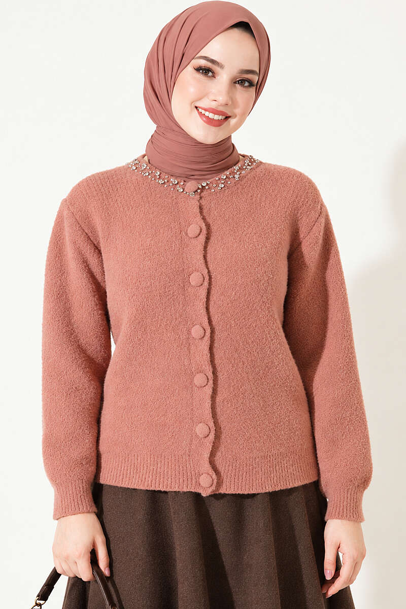 Brushed Cardigan with Jewelled Collar - Dusty Rose