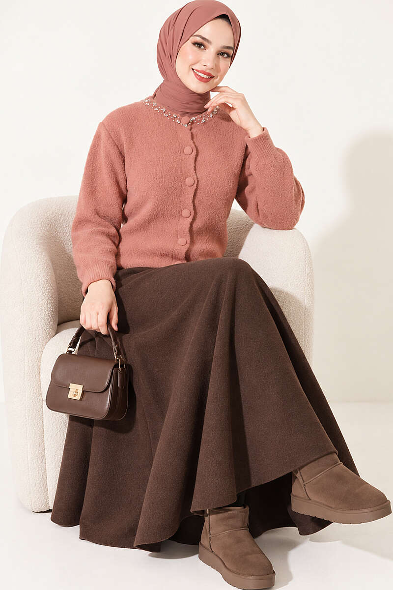 Brushed Cardigan with Jewelled Collar - Dusty Rose