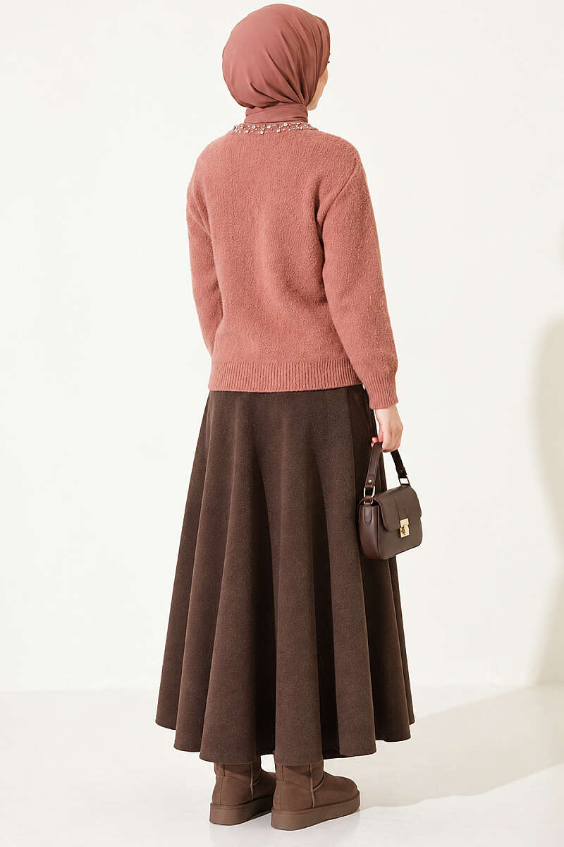 Brushed Cardigan with Jewelled Collar - Dusty Rose