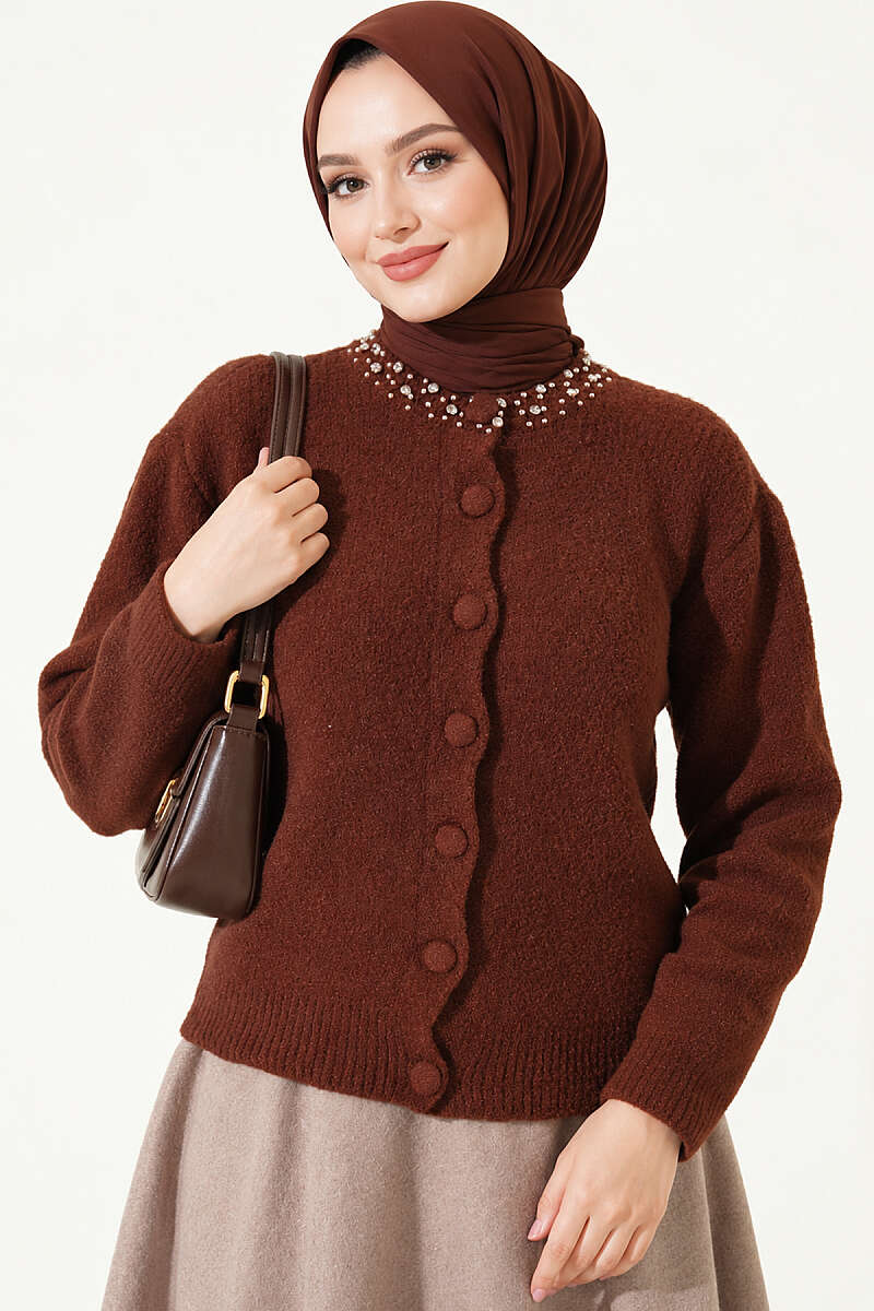 Brushed Cardigan with Jewelled Collar - Brown