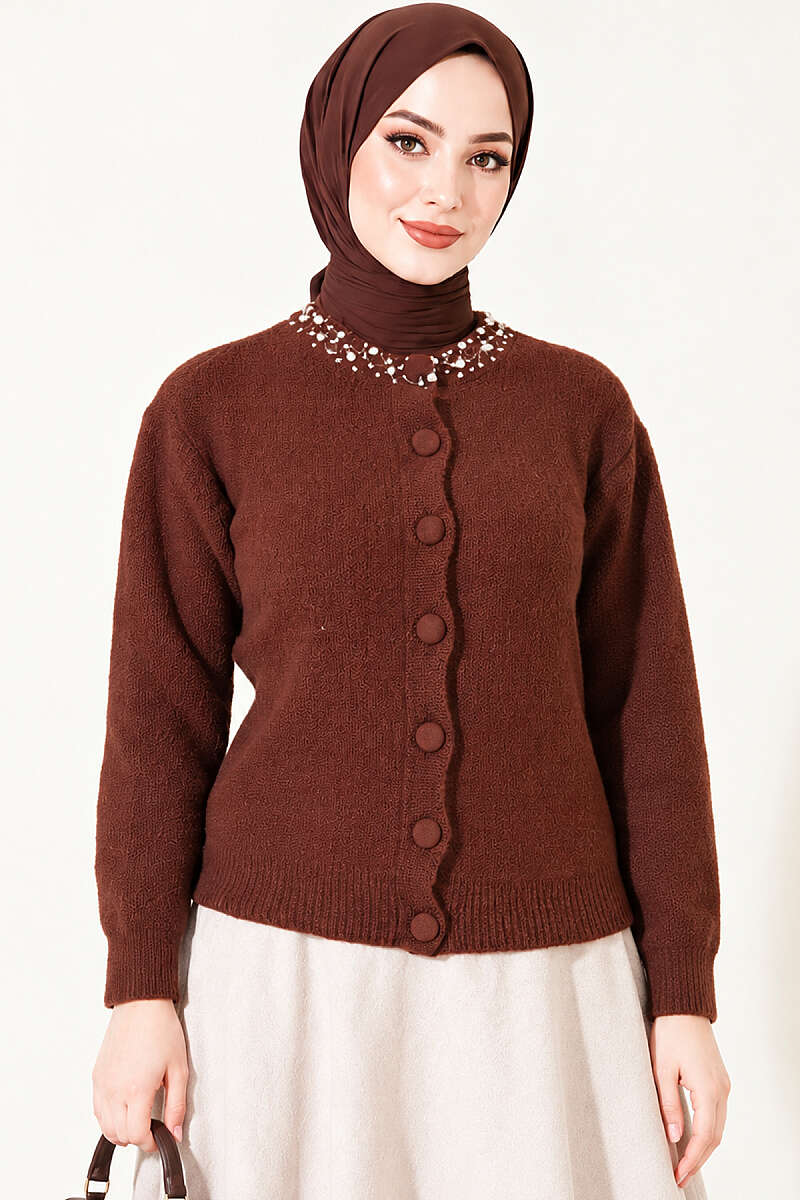 Brushed Cardigan with Jewelled Collar - Brown