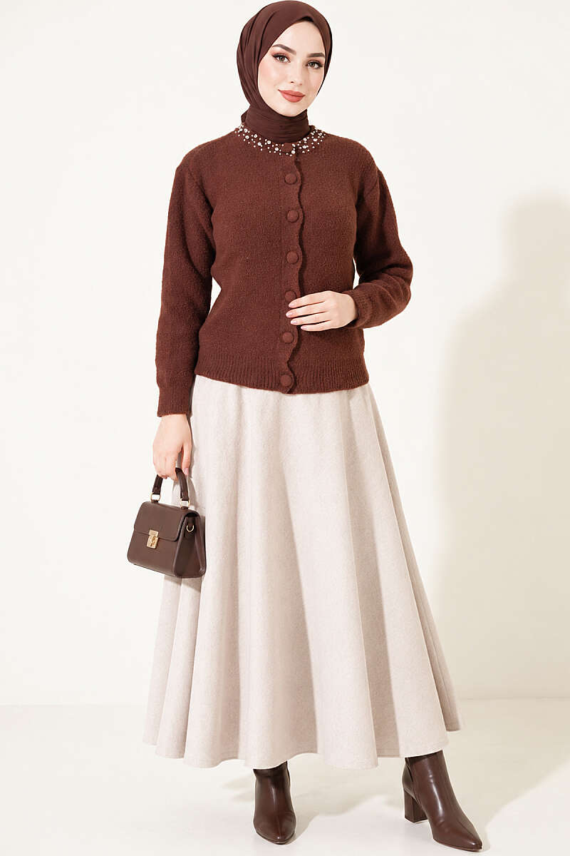 Brushed Cardigan with Jewelled Collar - Brown