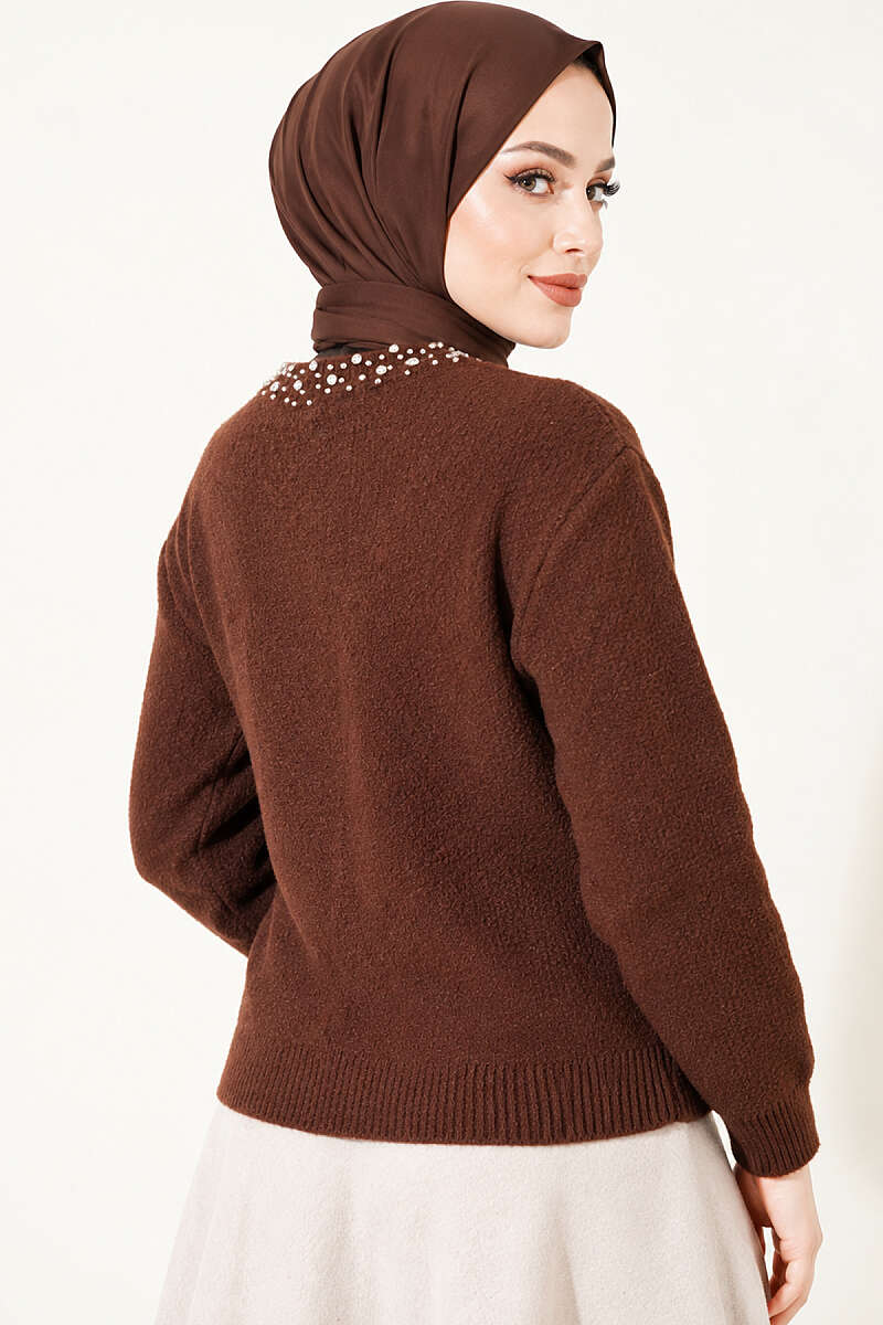 Brushed Cardigan with Jewelled Collar - Brown