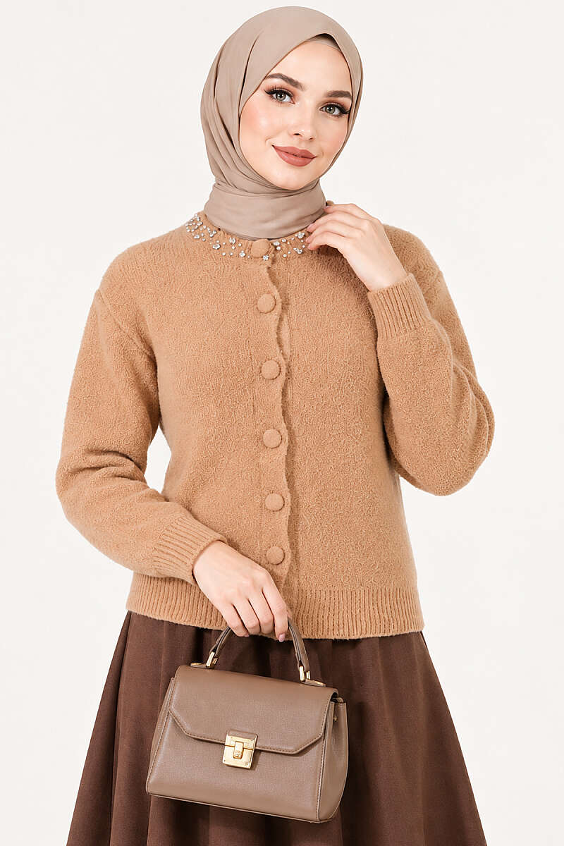 Brushed Cardigan with Jewelled Collar - Latte
