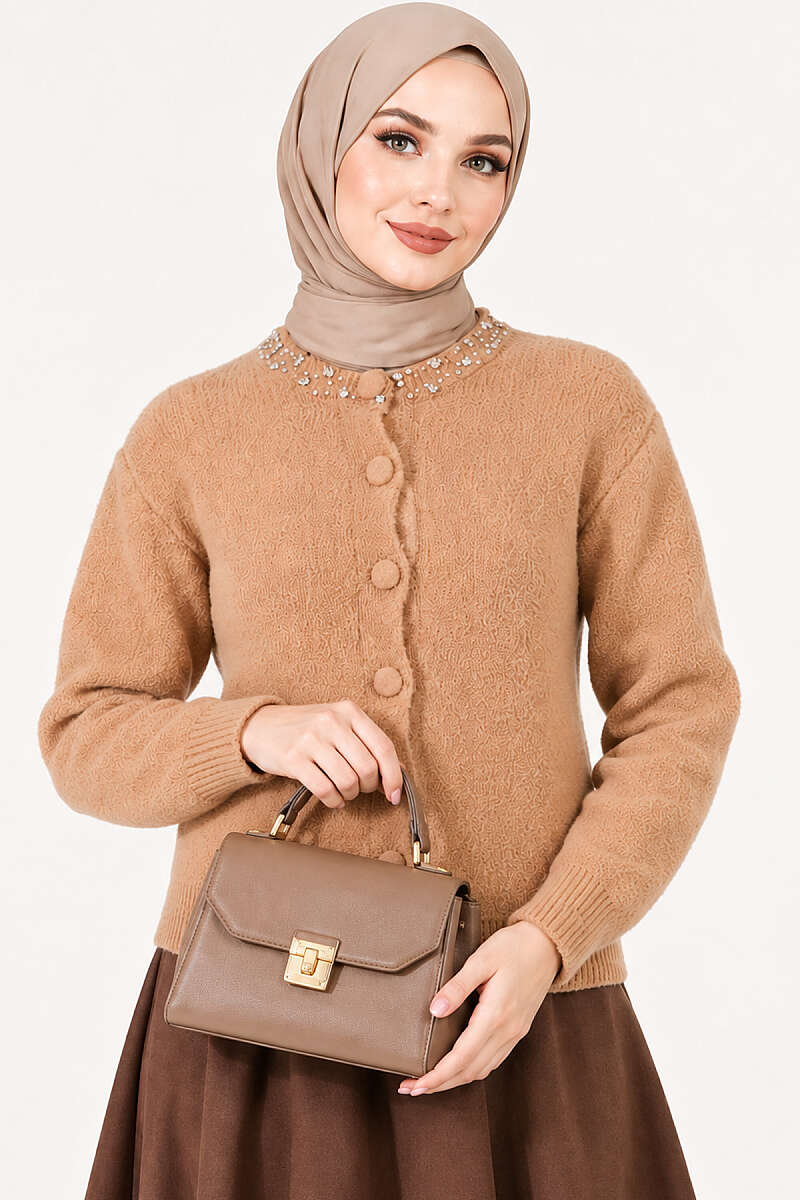 Brushed Cardigan with Jewelled Collar - Latte