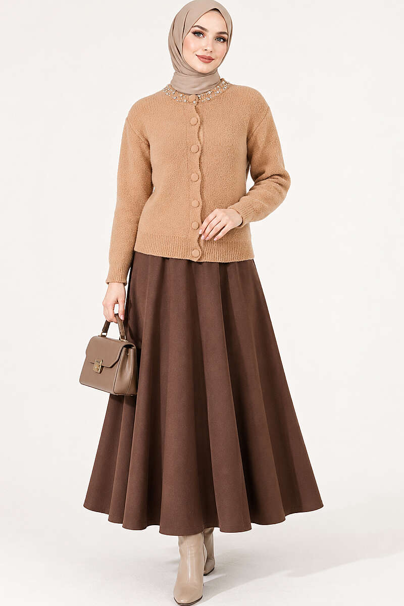 Brushed Cardigan with Jewelled Collar - Latte