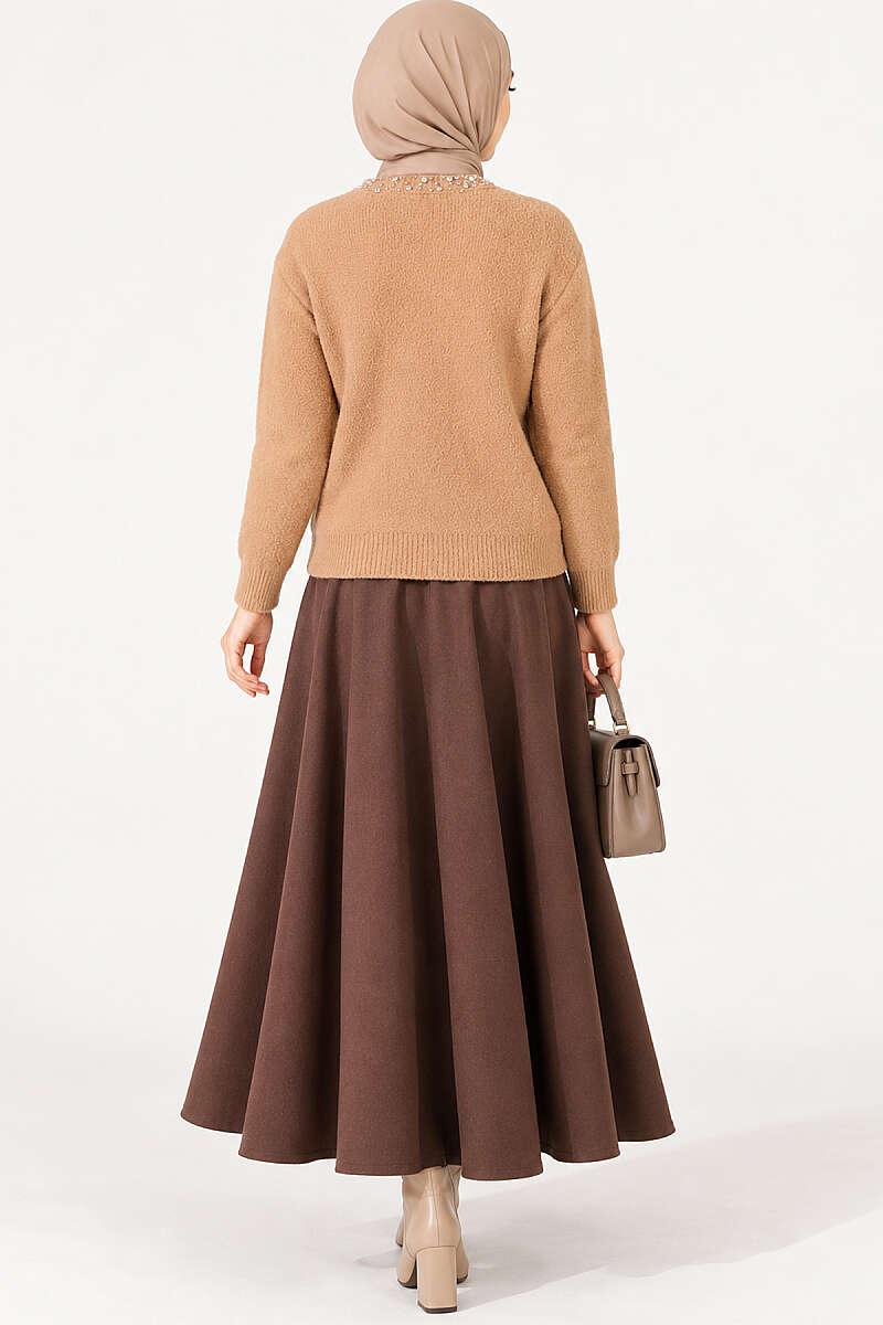 Brushed Cardigan with Jewelled Collar - Latte