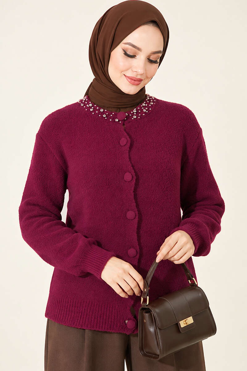 Brushed Cardigan with Jewelled Collar - Plum