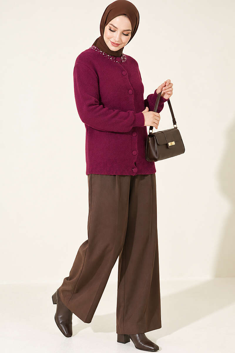 Brushed Cardigan with Jewelled Collar - Plum