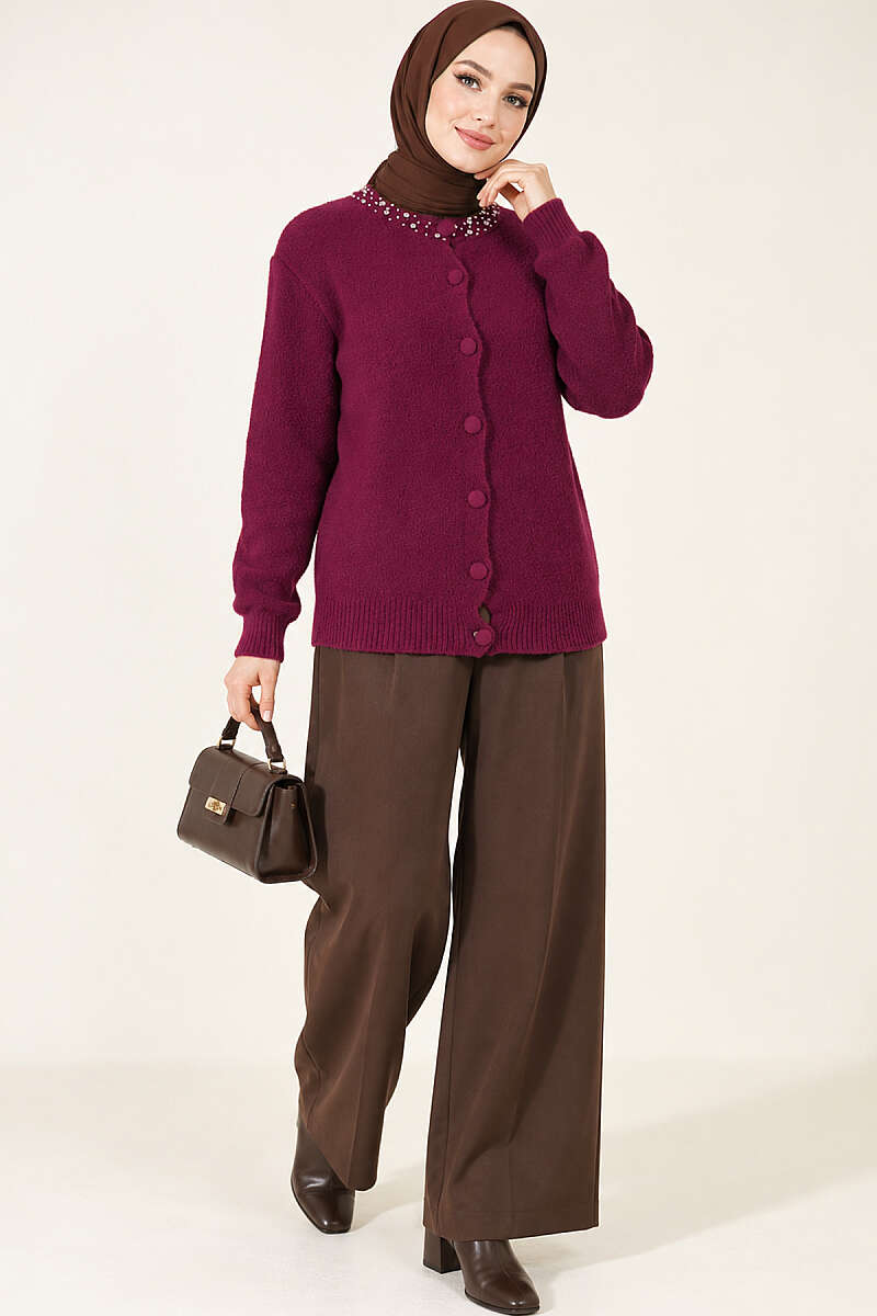 Brushed Cardigan with Jewelled Collar - Plum