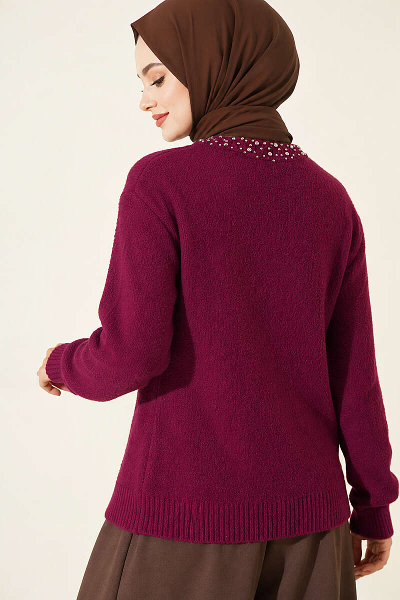 Brushed Cardigan with Jewelled Collar - Plum