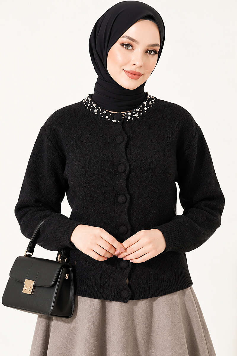 Brushed Cardigan with Jewelled Collar - Black