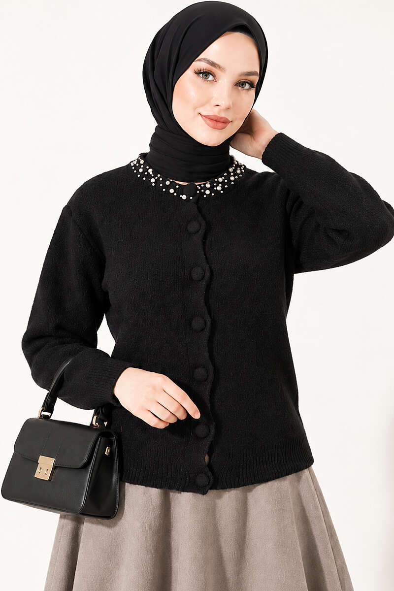 Brushed Cardigan with Jewelled Collar - Black