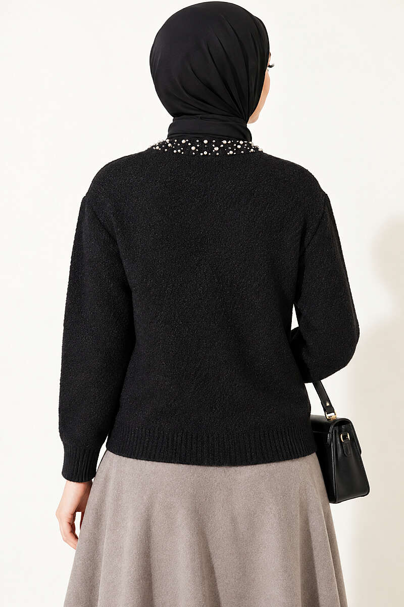 Brushed Cardigan with Jewelled Collar - Black