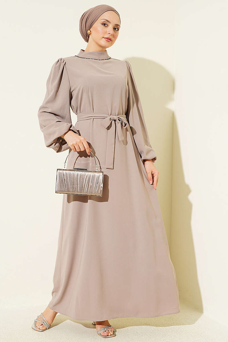 Puff-Sleeve Evening Dress with Jewelled Collar - Beige