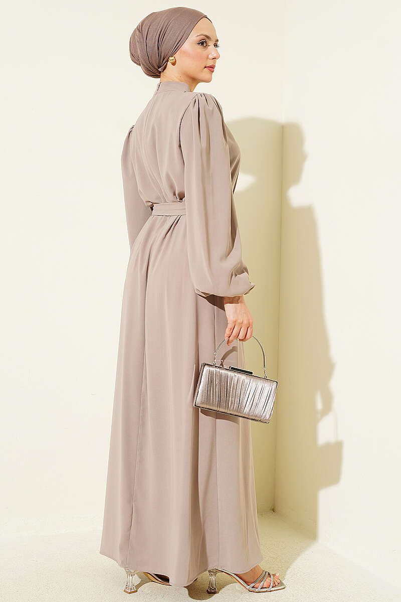Puff-Sleeve Evening Dress with Jewelled Collar - Beige