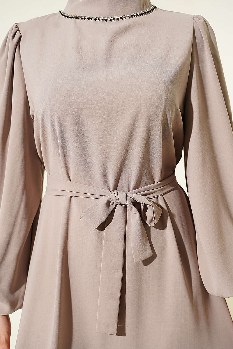 Puff-Sleeve Evening Dress with Jewelled Collar - Beige