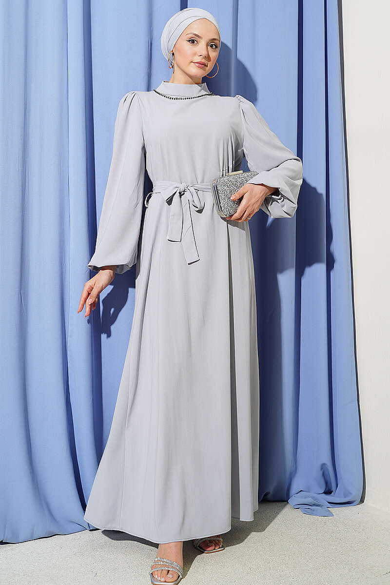 Puff-Sleeve Evening Dress with Jewelled Collar - Grey