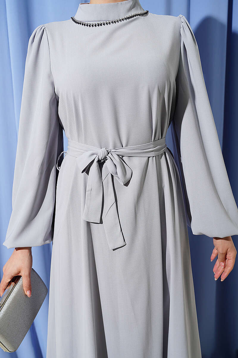 Puff-Sleeve Evening Dress with Jewelled Collar - Grey