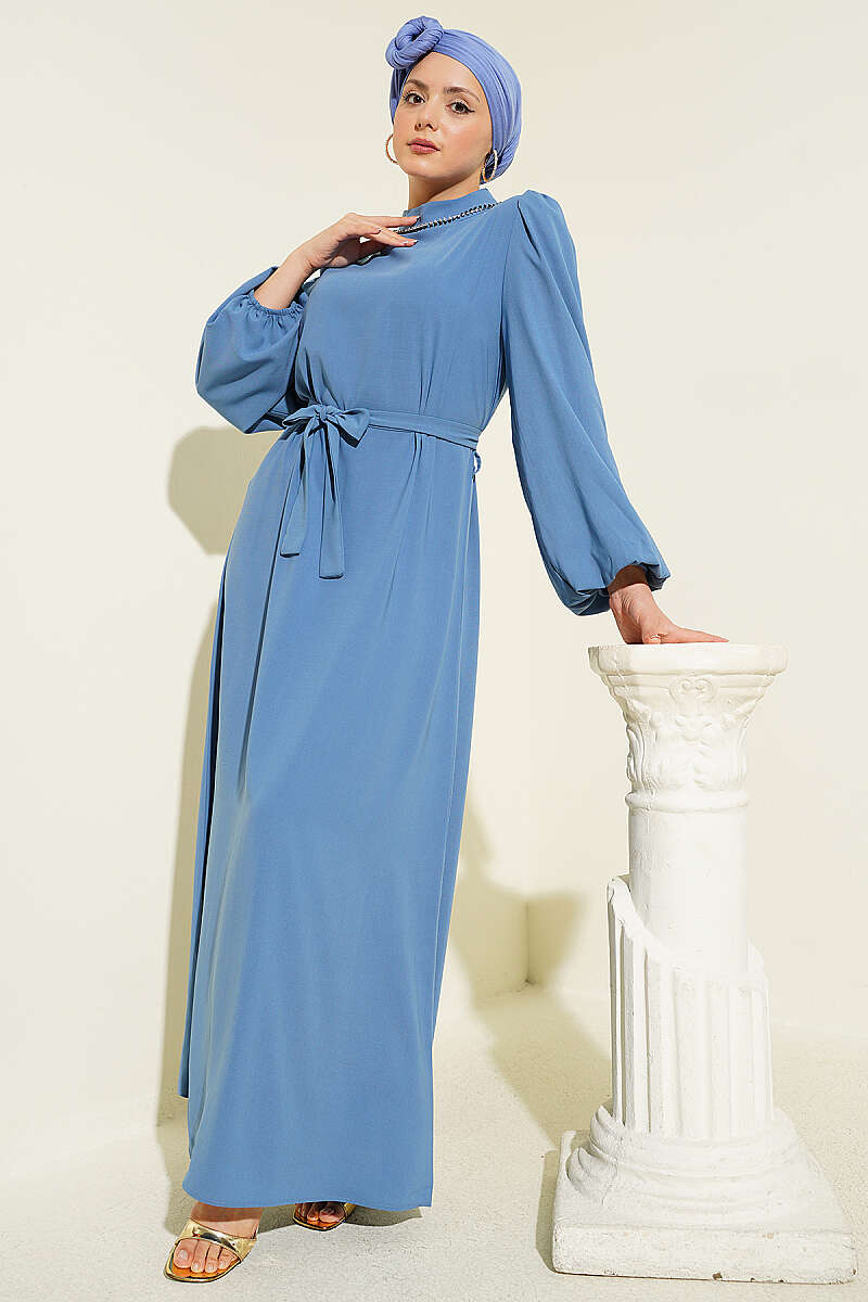 Puff-Sleeve Evening Dress with Jewelled Collar - Indigo