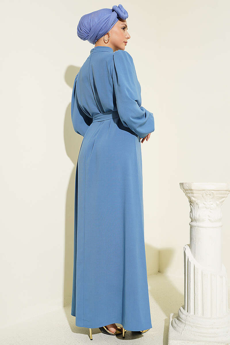 Puff-Sleeve Evening Dress with Jewelled Collar - Indigo