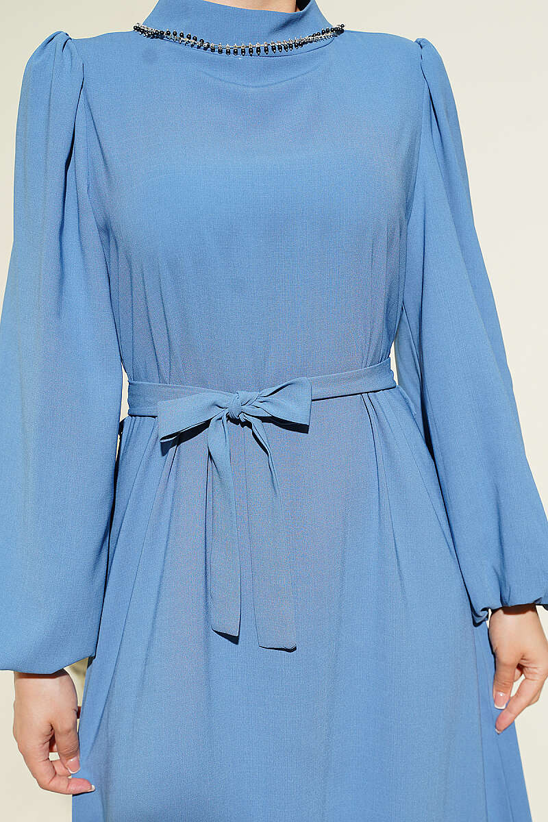 Puff-Sleeve Evening Dress with Jewelled Collar - Indigo