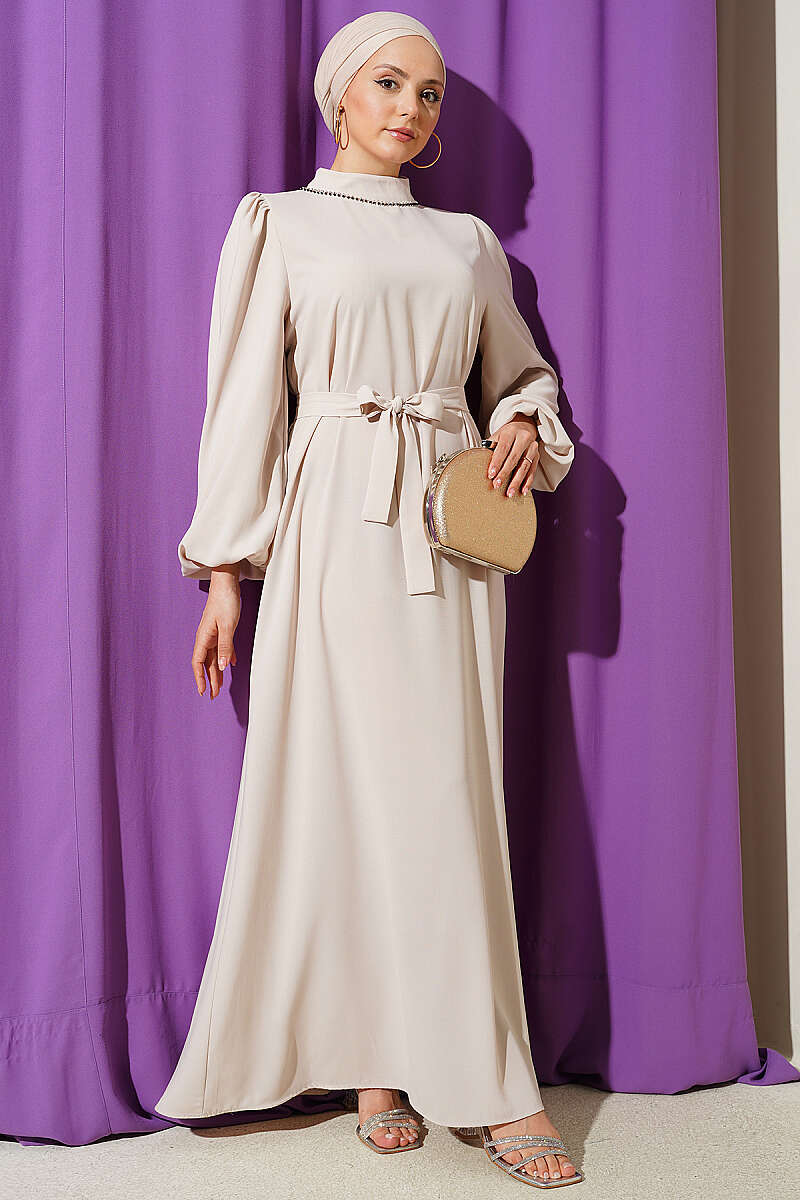 Puff-Sleeve Evening Dress with Jewelled Collar - Stone