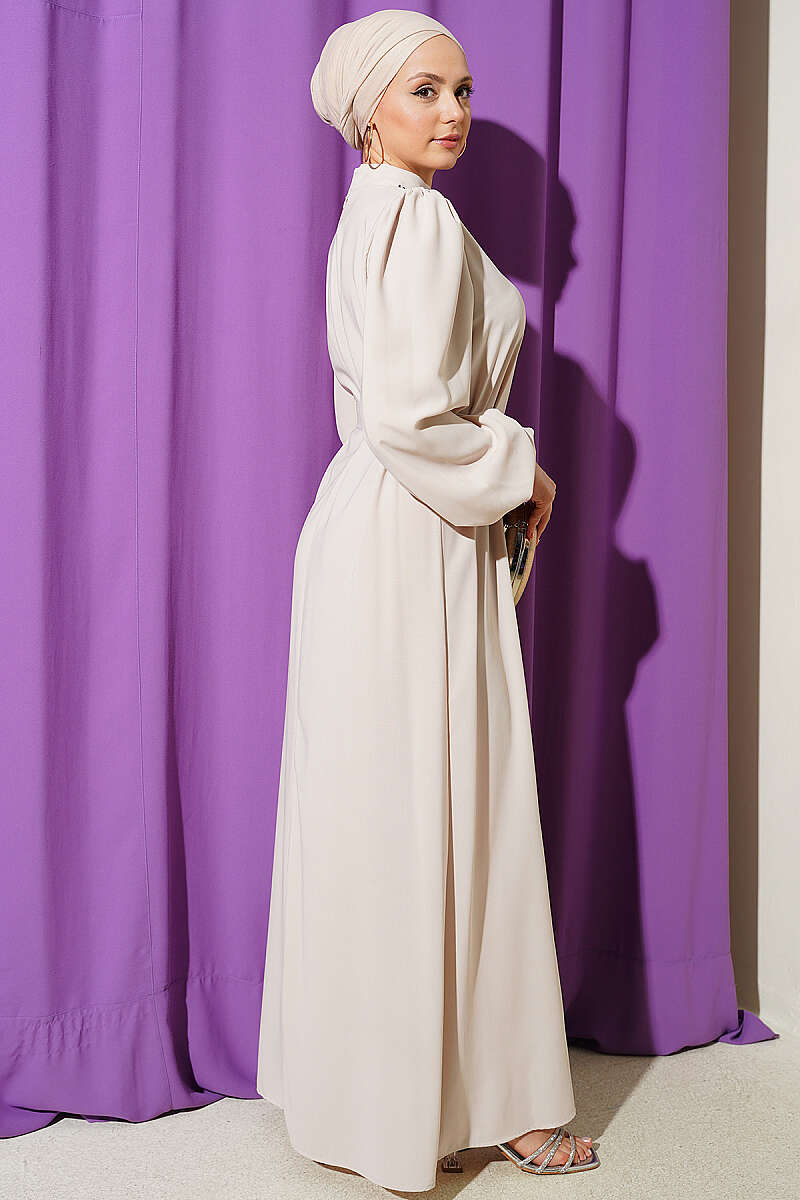 Puff-Sleeve Evening Dress with Jewelled Collar - Stone