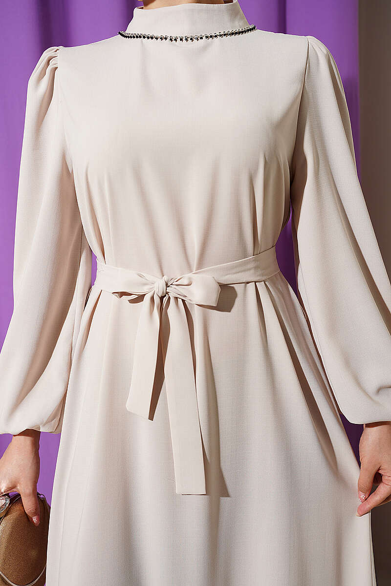 Puff-Sleeve Evening Dress with Jewelled Collar - Stone