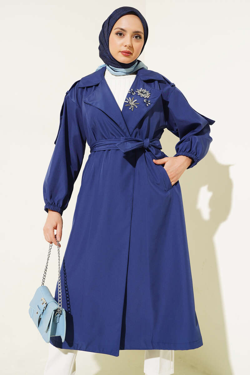 Belted Trench Coat with Stone Collar - Navy