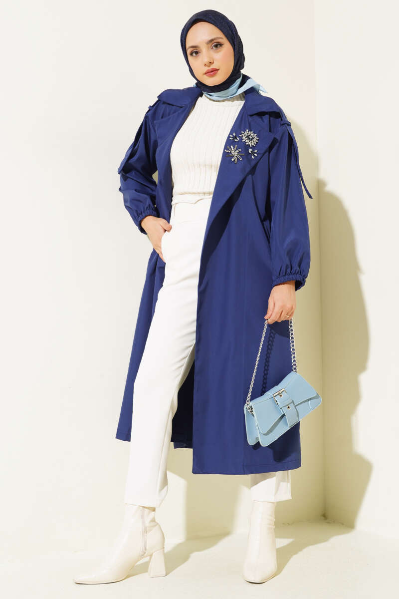 Belted Trench Coat with Stone Collar - Navy