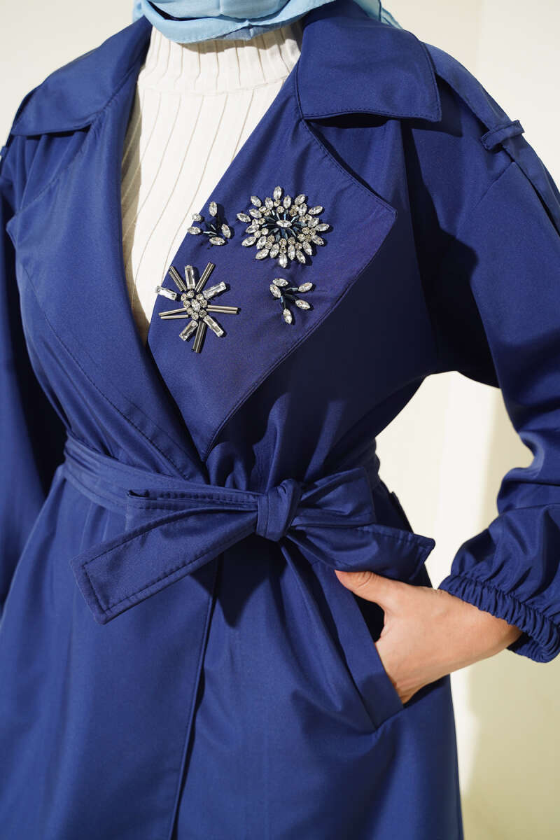 Belted Trench Coat with Stone Collar - Navy