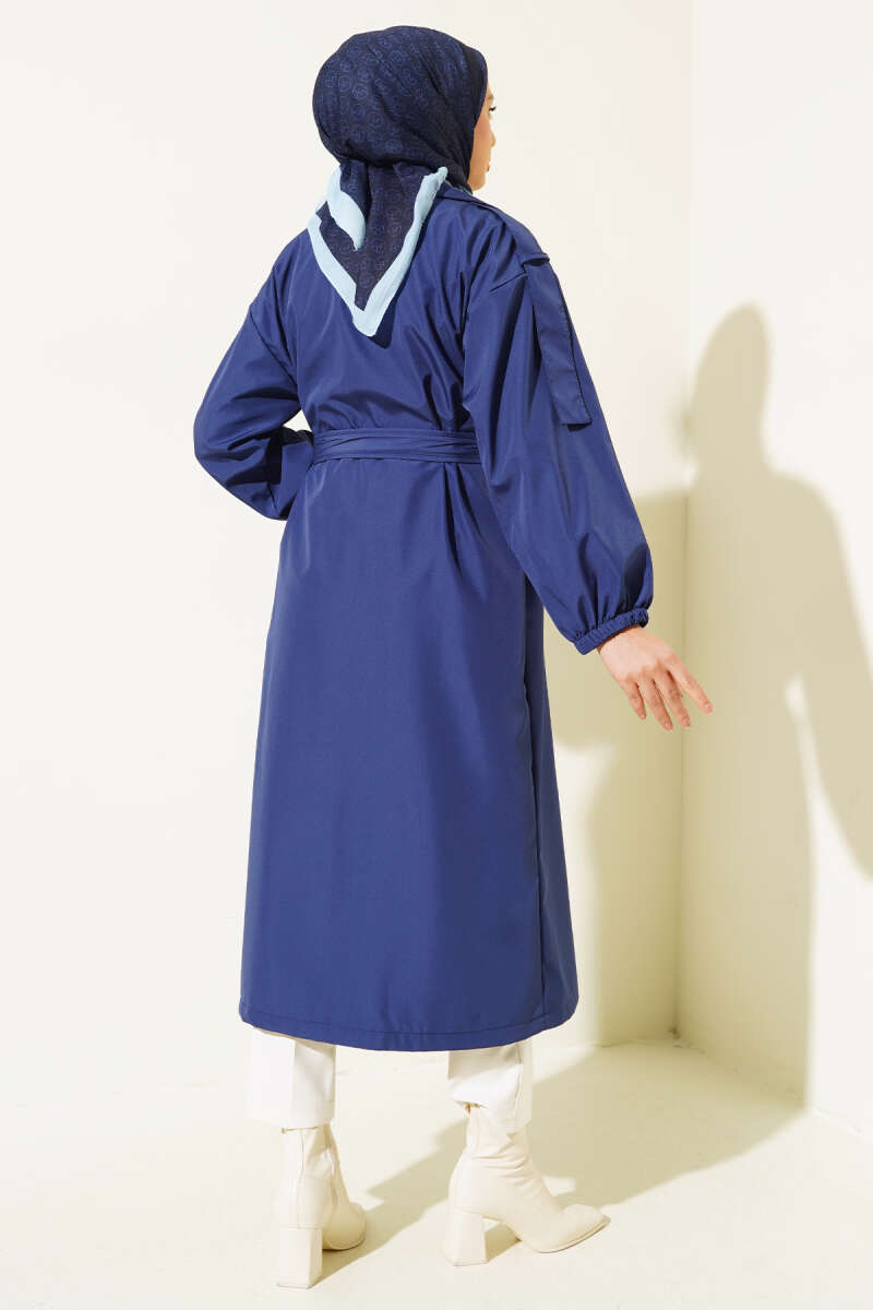 Belted Trench Coat with Stone Collar - Navy