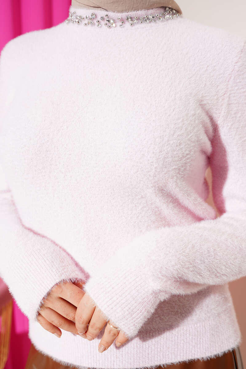 Brushed Sweater with Jewelled Collar - Pink