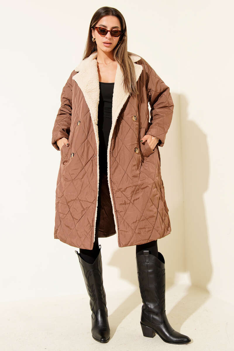 Belted Coat with Wool Collar - Brown