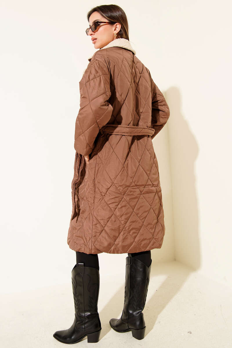 Belted Coat with Wool Collar - Brown