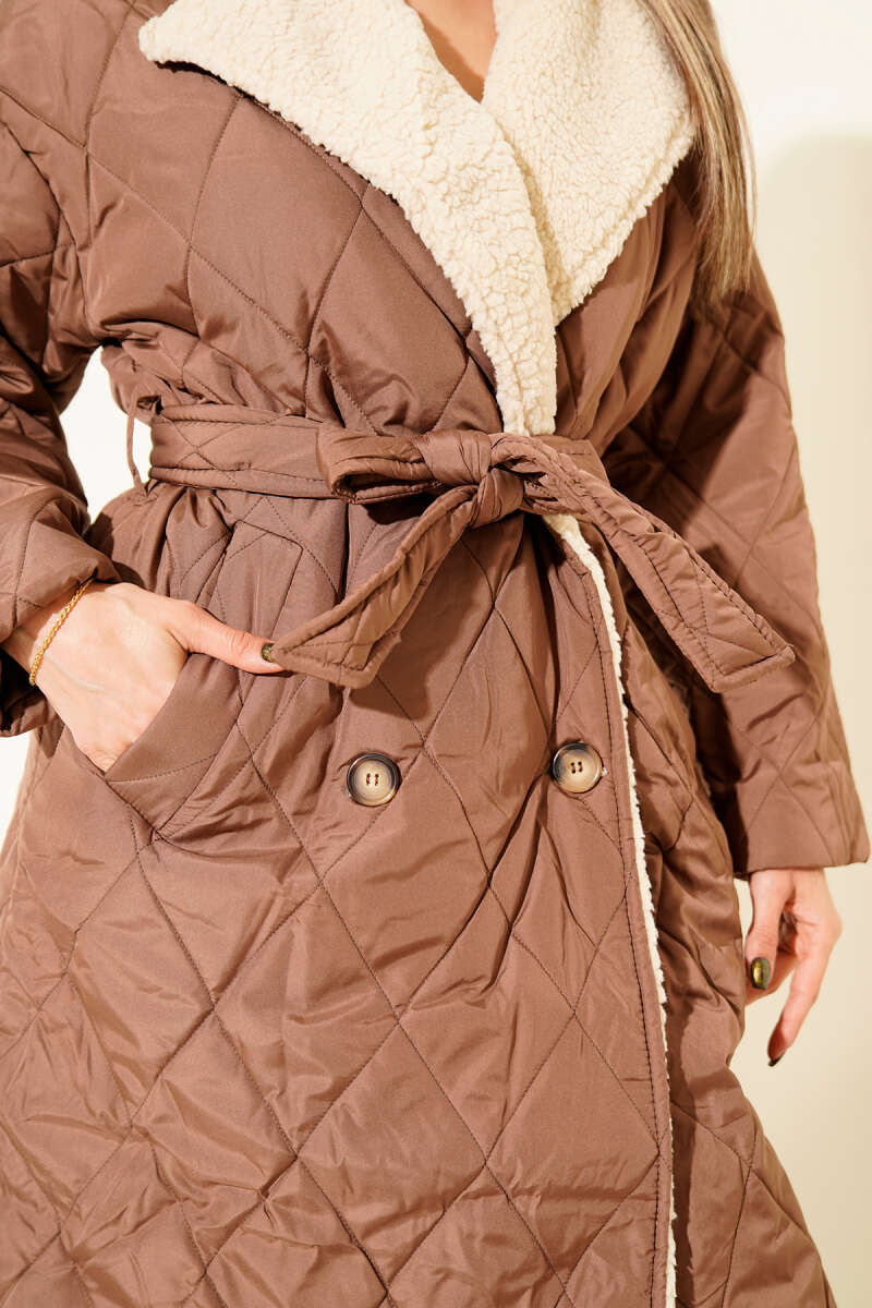 Belted Coat with Wool Collar - Brown