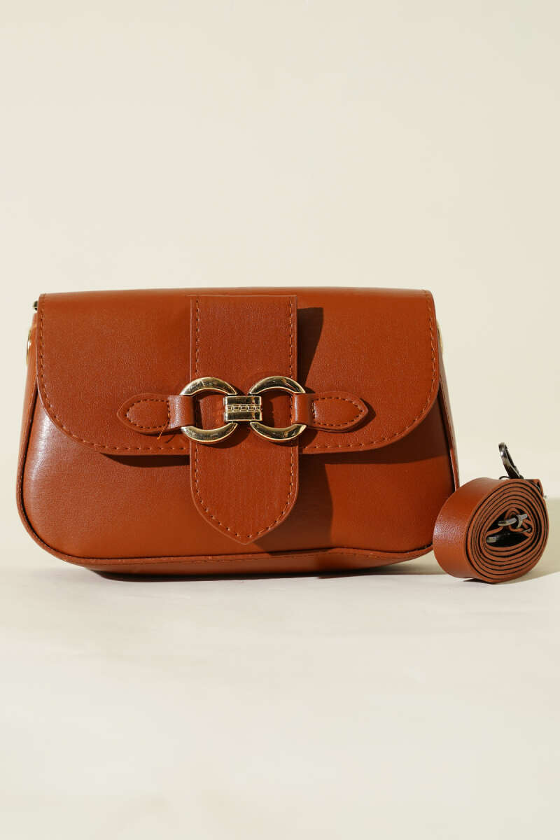Handbag with Gilded Buckle - Tan