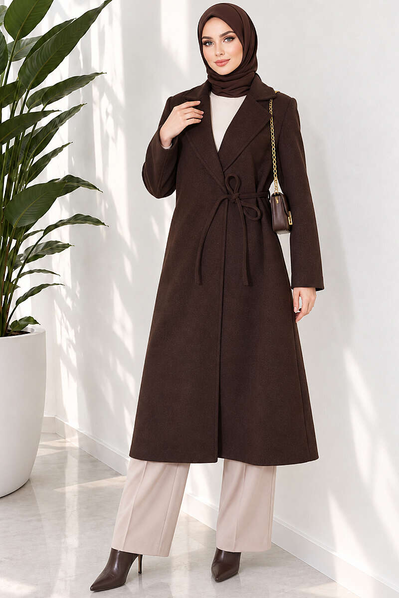 Felt Coat with Side Ties - Dark Brown