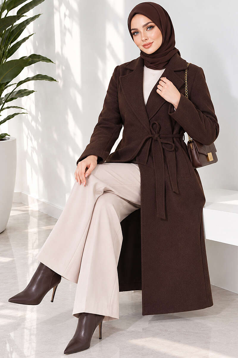Felt Coat with Side Ties - Dark Brown