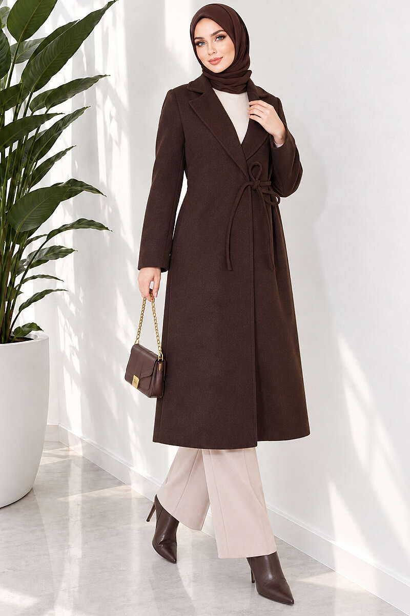 Felt Coat with Side Ties - Dark Brown