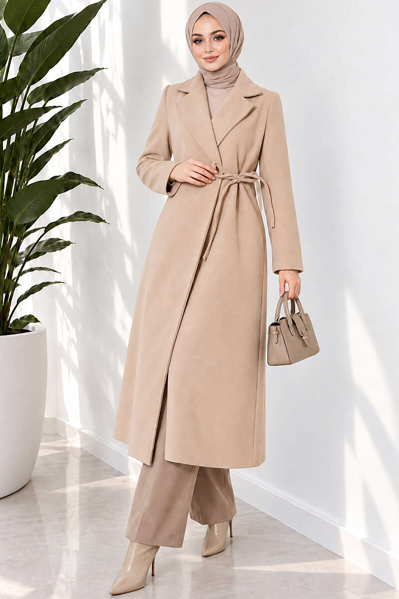 Felt Coat with Side Ties - Beige