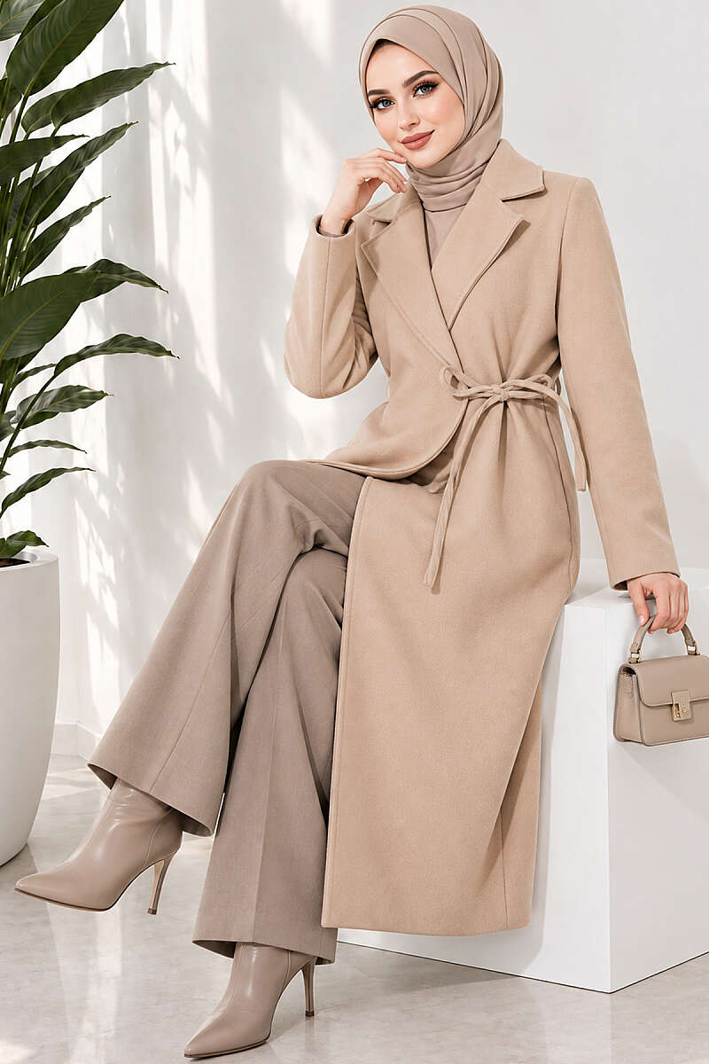 Felt Coat with Side Ties - Beige