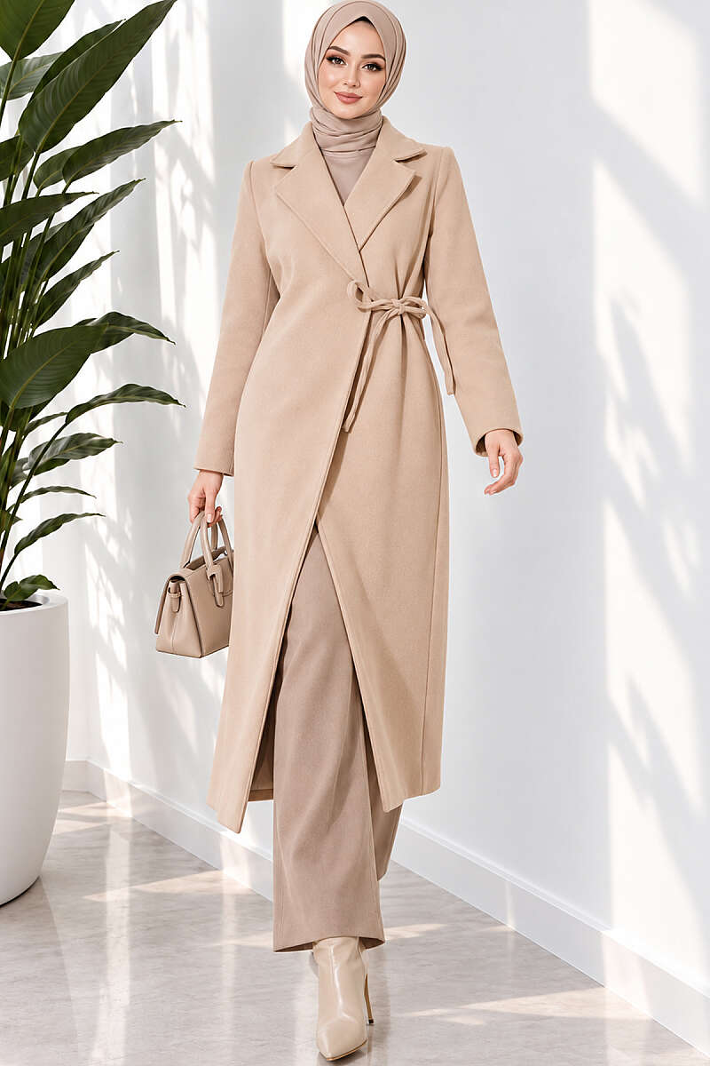Felt Coat with Side Ties - Beige