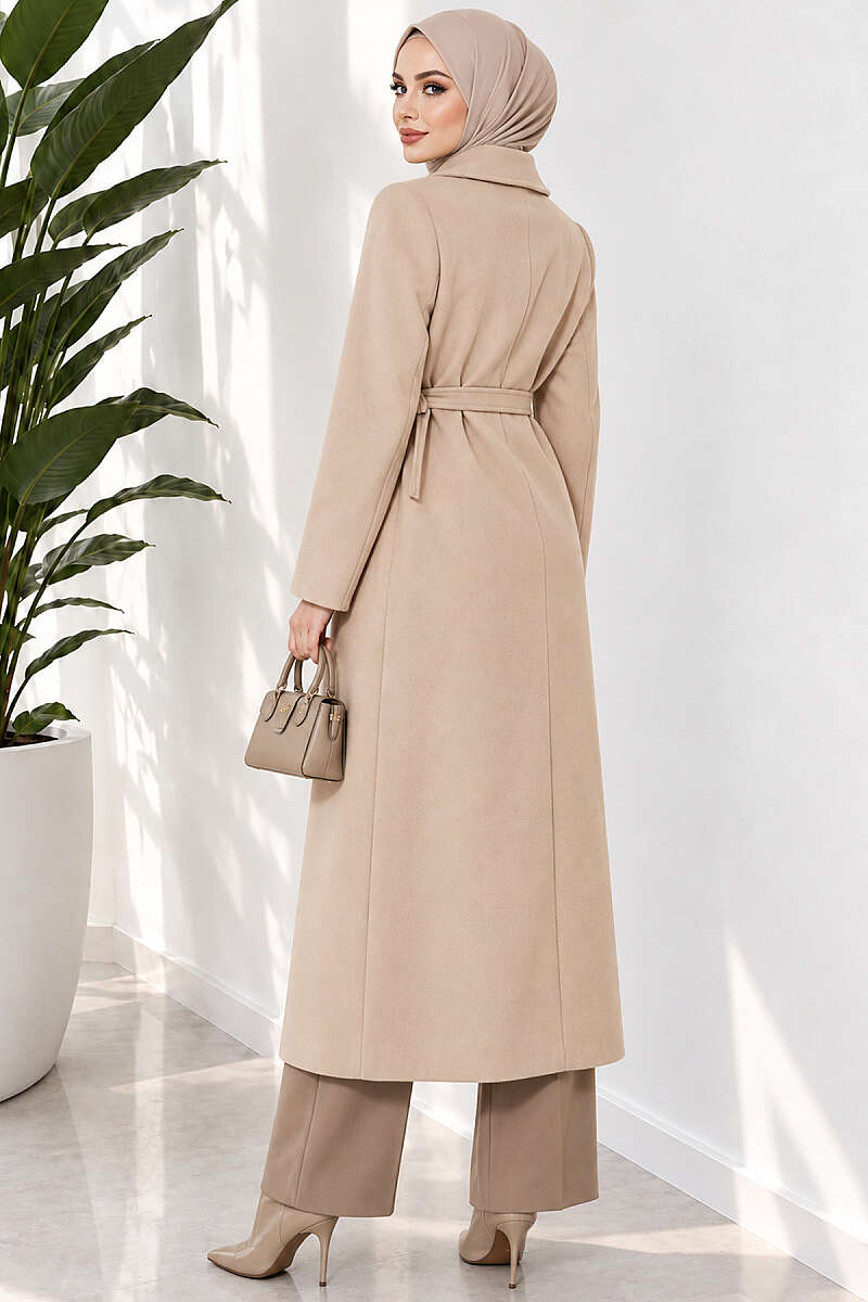 Felt Coat with Side Ties - Beige