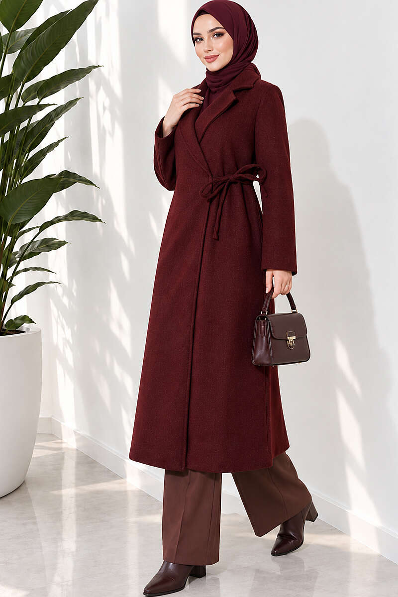 Felt Coat with Side Ties - Burgundy