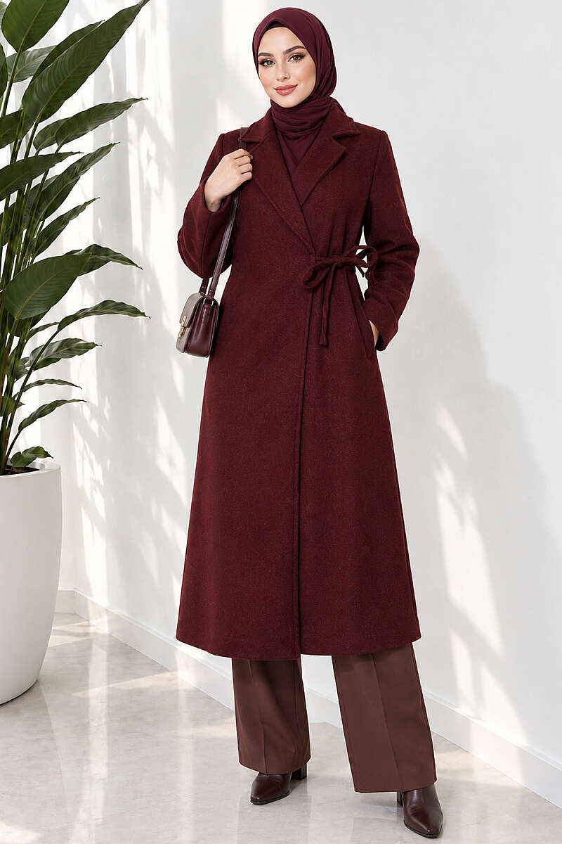 Felt Coat with Side Ties - Burgundy